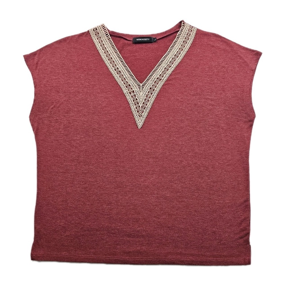 MEROKEETY Womens L Burgundy Casual Cap Sleeve Lace Crochet Trim V Neck Shirt